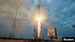 FILE - The lunar landing spacecraft Luna-25 blasts off from a launchpad at the Vostochny Cosmodrome in the far eastern Amur region, Russia, Aug. 11, 2023. (Roscosmos/Vostochny Space Centre/Handout via Reuters)