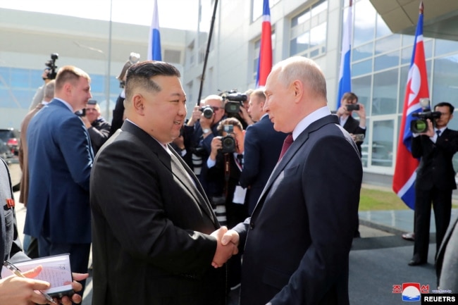 FILE - North Korean leader Kim Jong Un meets Russia's President Vladimir Putin at the Vostochny ?osmodrome in the Amur Oblast of the Far East Region, Russia, September 13, 2023 in this image released by North Korea's Korean Central News Agency.