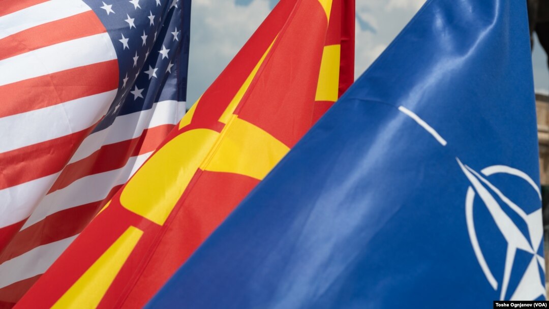 Flags of Macedonia - USA - NATO at the Square of Skopje, North Macedonia