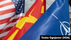 Flags of Macedonia - USA - NATO at the Square of Skopje, North Macedonia