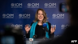 International Organization for Migration (IOM) Deputy Director-General Amy Pope of the U.S. gestures during a press conference after being elected as new U.N. migration chief in Geneva, May 15, 2023.