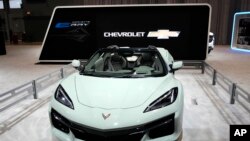 The 2024 Chevrolet Corvette E-Ray sits on display at the Chicago Auto Show, Feb. 9, 2023.