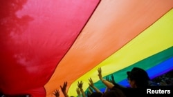 资料照片： 2014年11月8日在香港举行的LGBTQ+骄傲游行中的参与者举着巨大的彩虹旗。（路透社照片）
