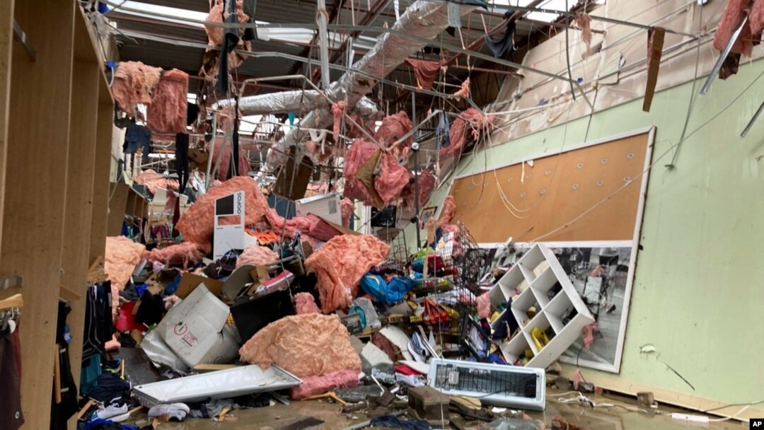 The interior of store is damaged after a severe storm swept through Little Rock, Ark., March 31, 2023. 