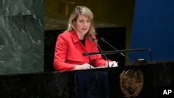 FILE - Canadian Foreign Minister Melanie Joly addresses the General Assembly, Feb. 22, 2023, at United Nations headquarters.