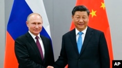资料照：中国领导人习近平与俄罗斯总统普京在金砖峰会上握手。（2019年11月12日）