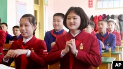 FILE - Schoolchildren at Jon U Junior Middle School take an English lesson in the Moranbong District of Pyongyang, North Korea, March 21, 2024.