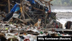 Seekor kucing terlihat di antara sampah yang sebagian besar berupa sampah plastik dan rumah tangga, di sebuah pantai di perkampungan nelayan Teluk, Pandeglang, Banten, 15 Maret 2024. 
