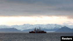 The Canadian Coast Guard ship Des Groseilliers is seen near the arctic community of Pond Inlet, Nunavut, Aug. 23, 2014.