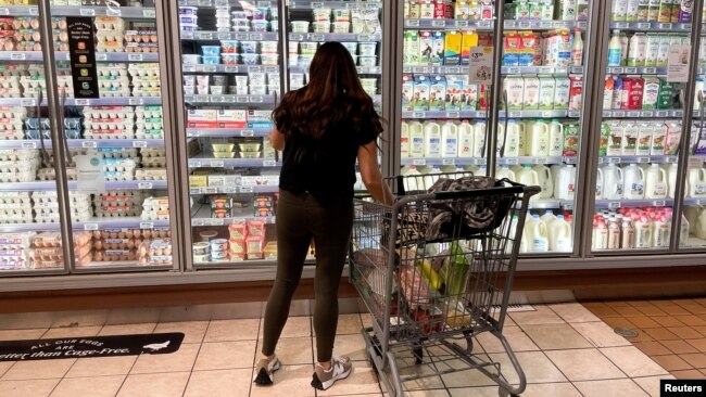 FILE - A woman shops in a supermarket as rising inflation affects consumer prices in Los Angeles, California, June 13, 2022.