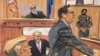 In this courtroom sketch, former President Donald Trump looks on as prosecutor Joshua Steinglass shows a video clip during a criminal trial on charges that Trump falsified business records to conceal hush money payments, in New York, May 28, 2024.