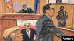 In this courtroom sketch, former President Donald Trump looks on as prosecutor Joshua Steinglass shows a video clip during a criminal trial on charges that Trump falsified business records to conceal hush money payments, in New York, May 28, 2024.