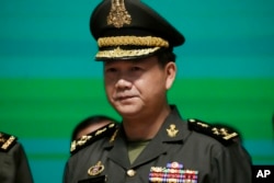 FILE - Cambodian army chief Hun Manet, a son of Cambodian Prime Minister Hun Sen, attends a ceremony of the Royal Cambodian Armed Forces at the Defense Ministry in Phnom Penh, Cambodia, April 20, 2023.