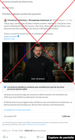 Captura de la publicación desinformante en X.