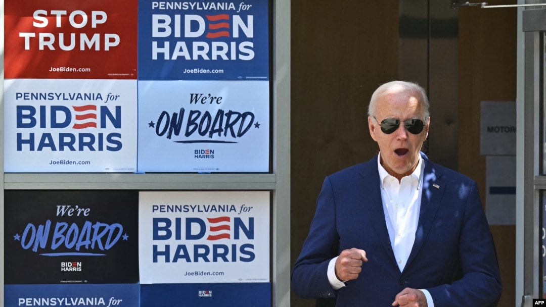 U.S. President Joe Biden arrives to speak to supporters and volunteers during a campaign stop at a Biden-Harris campaign election office in Harrisburg, Pennsylvania, on July 7, 2024. 