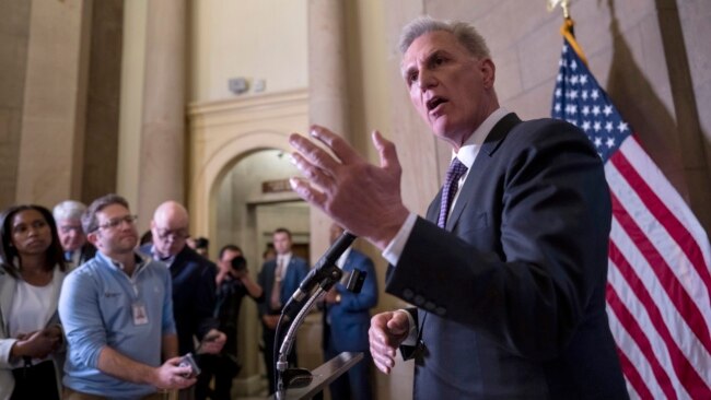 House Speaker Kevin McCarthy, R-Calif., talks to reporters outside his office following his discussions at the White House with President Joe Biden on the impasse over the government's debt ceiling, at the Capitol in Washington, May 22, 2023.