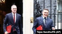 Britain's Science Secretary Peter Kyle, left, and Health Secretary Wes Streeting after taking part in Prime Minister Keir Starmer's first Cabinet meeting, London, July 6, 2024.