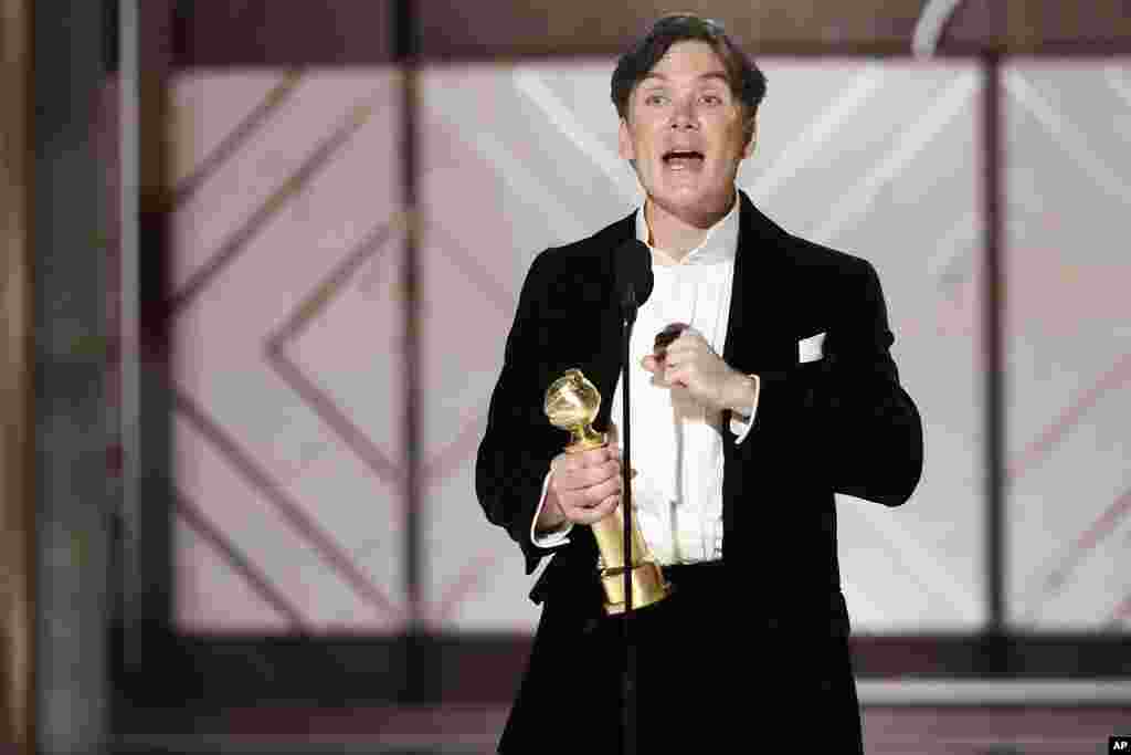 This image released by CBS shows Cillian Murphy accepting the award for best actor in a motion picture for his role in &quot;Oppenheimer&quot; during the 81st Annual Golden Globe Awards in Beverly Hills, Calif., on Jan. 7, 2024.