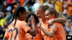 Netherlands' Jill Roord, right, celebrates with teammates after scoring her side's first goal during the Women's World Cup soccer match between the Netherlands and South Africa at the Sydney Football Stadium, Aug. 6, 2023. 