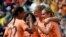 Netherlands' Jill Roord, right, celebrates with teammates after scoring her side's first goal during the Women's World Cup soccer match between the Netherlands and South Africa at the Sydney Football Stadium, Aug. 6, 2023. 
