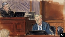In this courtroom sketch, Donald Trump, right, testifies in Federal Court in New York while Judge Lewis Kaplan, left, listens, Jan. 25, 2024.