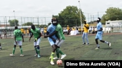 FILE- Kator FC and Juba Boyz playing in Blind Football's final competition at Dr. Biar Sport Complex, Juba, June 27, 2023.