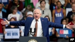 Democratic vice presidential nominee Minnesota Gov. Tim Walz speaks at a campaign rally at Desert Diamond Arena, Aug. 9, 2024, in Glendale, Ariz.