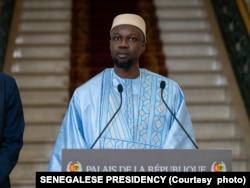 FILE—This picture distributed by the Senegalese Presidency on April 5, 2024 shows Senegalese Prime Minister Ousmane Sonko addressing the press ahead of the announcement of the list of the ministers at the Presidential Palace in Dakar.