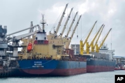 FILE - The Eaubonne bulk carrier ship docks in the port of Mombasa, Kenya, Nov. 26, 2022. The vessel arrived with 53,300 tons of wheat procured under the Black Sea Grain Initiative.
