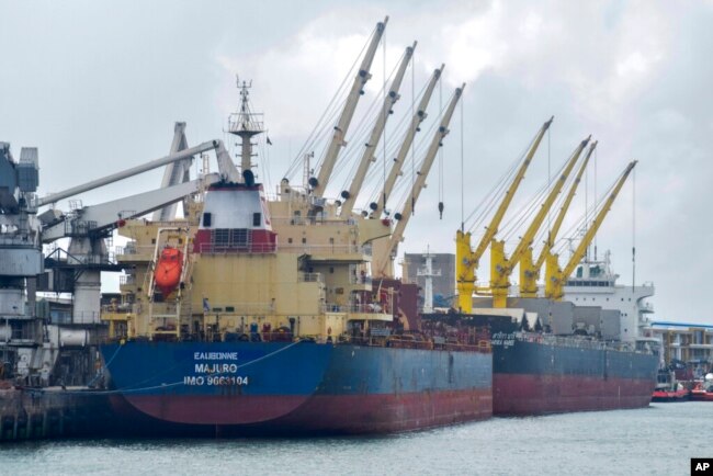 FILE - The Eaubonne bulk carrier ship docks in the port of Mombasa, Kenya, Nov. 26, 2022. The vessel arrived with 53,300 tons of wheat procured under the Black Sea Grain Initiative.