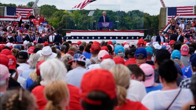 Republican presidential nominee former President Donald Trump speaks during a campaign rally at North Carolina Aviation Museum, in Asheboro, North Carolina, Aug. 21, 2024.