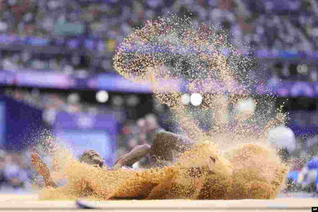 Malcolm Clemons of the United States competes in the men&#39;s long jump qualification at the 2024 Summer Olympics in Saint-Denis, France.