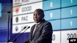 South African President and President of the African National Congress (ANC) Cyril Ramaphosa delivers his remarks in the Independent Electoral Commission (IEC) National Results Center at the Gallagher Convention Centre in Midrand, on June 2, 2024. 