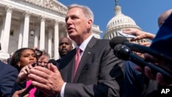 House Speaker Kevin McCarthy, of Calif. speaks to reporters about the debt limit negotiations, on Capitol Hill in Washington, May 25, 2023.