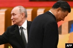 中国领导人习近平和俄罗斯总统普京在北京人大会堂出席一带一路论坛开幕式。（2023年10月18日）