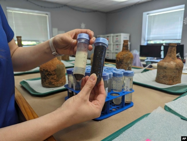 Curator Lily Carhart holds up different samples of liquid they extracted from 18th-century glass bottles that contained fruit after they were unearthed from the cellar of George Washington's residence in Mount Vernon, Va., Monday, June 17, 2024. (AP Photo/Nathan Ellgren)