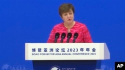 FILE - Managing Director Kristalina Georgieva of the International Monetary Fund speaks at the Boao Forum for Asia in Boao, China, March 30, 2023. She said March 24, 2024, in Beijing that China should implement pro-market reforms to boost its economy.