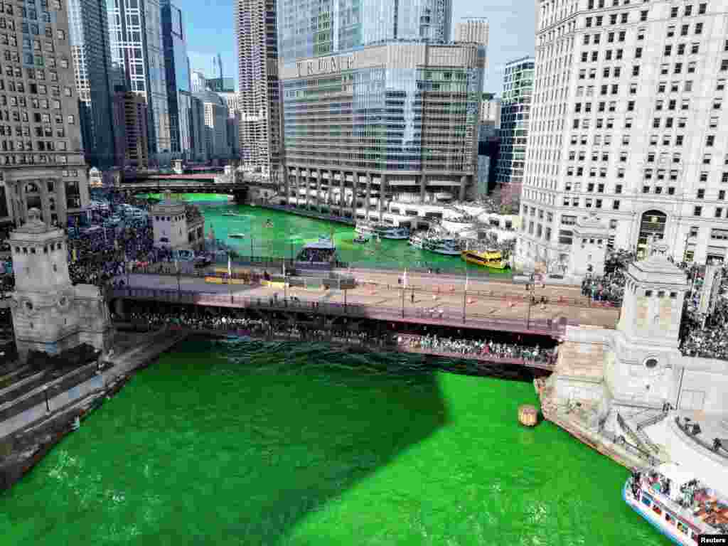 A drone image of the Chicago River dyed green in celebration of St. Patrick's Day, in Chicago, Illinois, March 16, 2024.