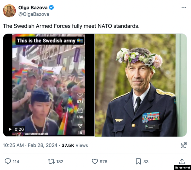 Відео, на якому шведські військовослужбовці беруть участь у Марші рівностіі, щоб охарактеризувати військових як "слабких", а не активів НАТО. Фото: X
