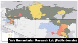 На карті, підготовленій командою Лабораторії гуманітарних досліджень Єльського університету, видно, де Росія тримає українських дітей