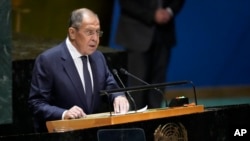 Russian Foreign Minister Sergey Lavrov addresses the 78th session of the United Nations General Assembly at United Nations headquarters, Sept. 23, 2023. 