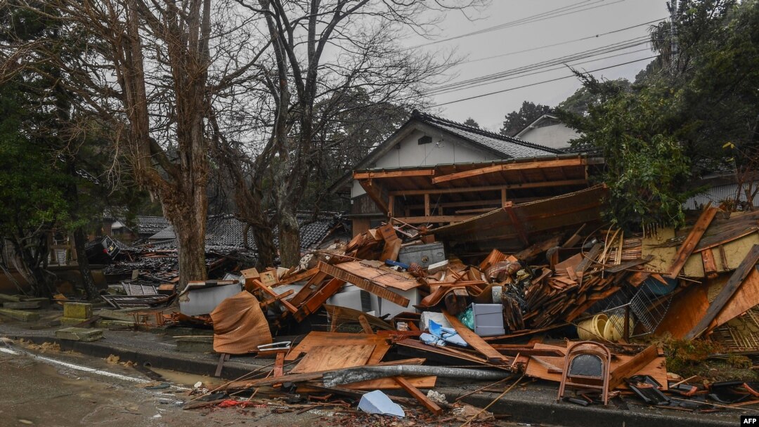 This picture shows damaged homes in the town of Misaki in Suzu city, Ishikawa prefecture on Jan. 7, 2024, after a 7.5 magnitude earthquake struck the Noto region on New Year's Day.