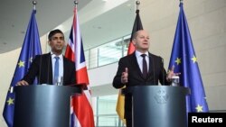 德國總理朔爾茨與英國首相蘇納克在柏林舉行的聯合記者會上致詞。 （2024年4月24日）