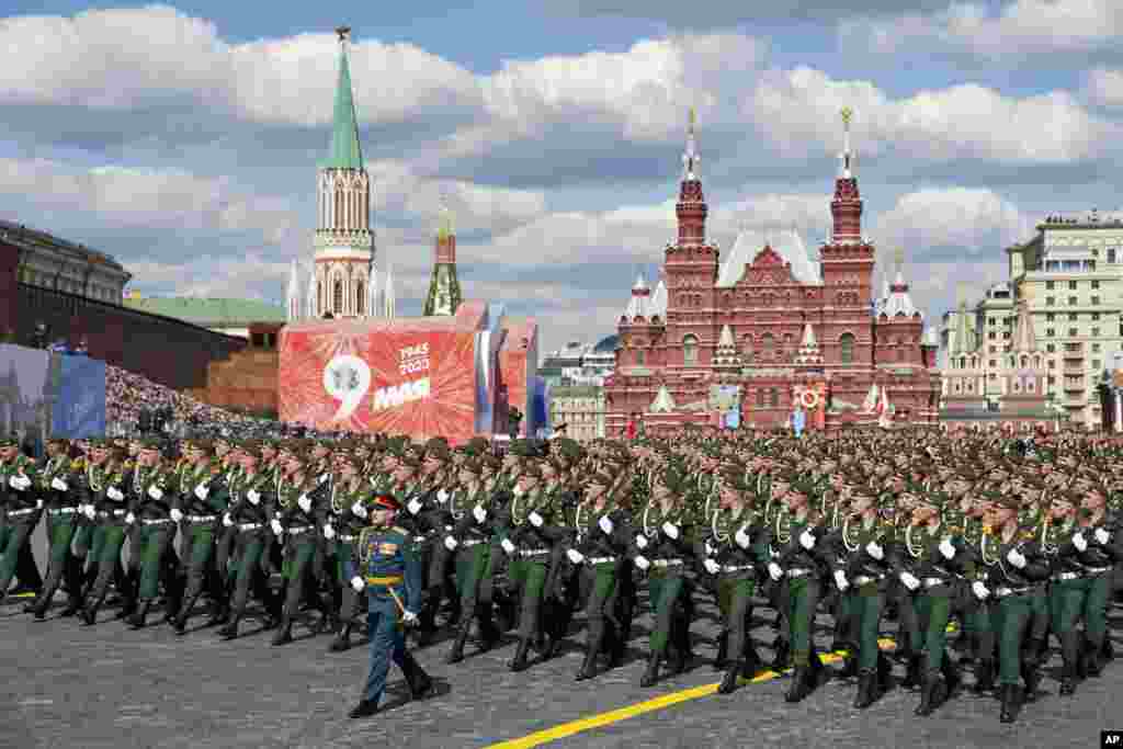 Russian soldiers march in Red Square during the Victory Day military parade in Moscow, marking the 78th anniversary of the end of World War II.
