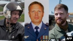 FILE - Ukrainian pilots Vyacheslav Minka, Serhiy Prokazin and Andrii Pilshchykov ("Juice"), who were killed in a mid-air collision on Aug. 25, 2023 in the Zhytomyr region. (Photo by Handout/The 40th Tactical Aviation Brigade /AFP)