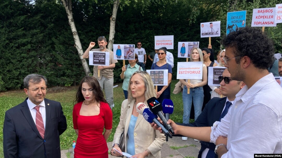 Sokak hayvanlarından zarar gören ailelerin TBMM önünde düzenlediği eylemde basın açıklamasını Avukat Meltem Zorba yaptı