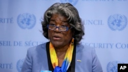 FILE - Linda Thomas-Greenfield, U.S. Ambassador to the United Nations, speaks at United Nations headquarters, Aug. 24, 2023.