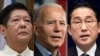 This combination of pictures shows Philippines President Ferdinand Marcos Jr., left, in Canberra on Feb. 29, 2024, U.S. President Joe Biden in Atlanta on March 9, 2024; and Japan's Prime Minister Fumio Kishida in Tokyo on March 28, 2024. 