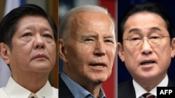 This combination of pictures shows Philippines President Ferdinand Marcos Jr., left, in Canberra on Feb. 29, 2024, U.S. President Joe Biden in Atlanta on March 9, 2024; and Japan's Prime Minister Fumio Kishida in Tokyo on March 28, 2024. 