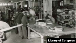 The Offenbach Archival Depot, where books, manuscripts and archival materials taken by the Nazis during World War II were sorted and returned to their country of origin or maintained in new collections, 1946.